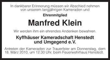 Traueranzeige von Manfred Klein von KREISZEITUNG SYKE