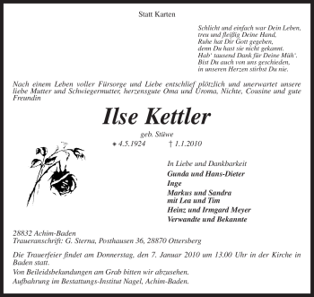 Traueranzeige von Ilse Kettler von KREISZEITUNG SYKE