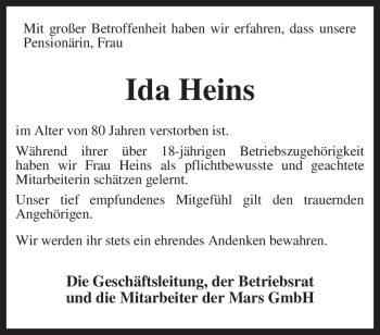 Traueranzeige von Ida Heins von KREISZEITUNG SYKE