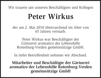 Traueranzeige von Peter Wirkus von KREISZEITUNG SYKE