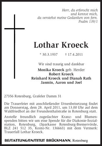 Traueranzeige von Lothar Kroeck von KREISZEITUNG SYKE