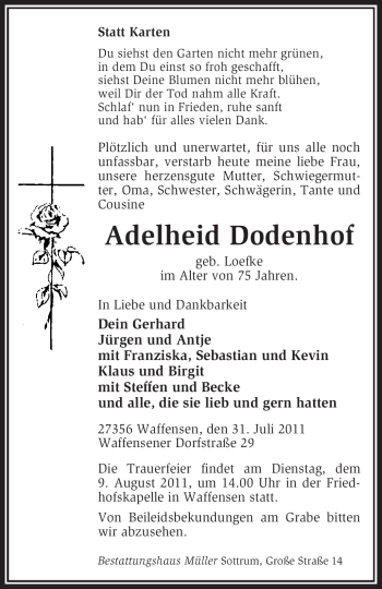 Traueranzeige von Adelheid Dodenhof von KREISZEITUNG SYKE