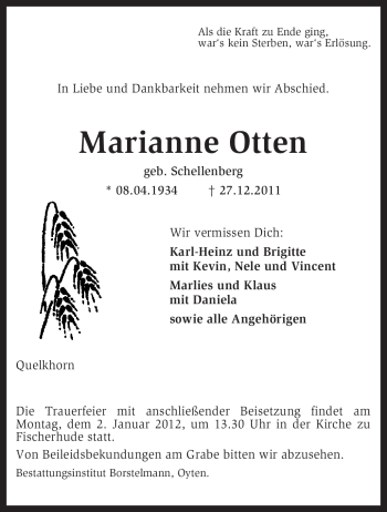 Traueranzeige von Marianne Otten von KREISZEITUNG SYKE