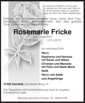 Traueranzeige von Rosemarie Fricke von KREISZEITUNG SYKE