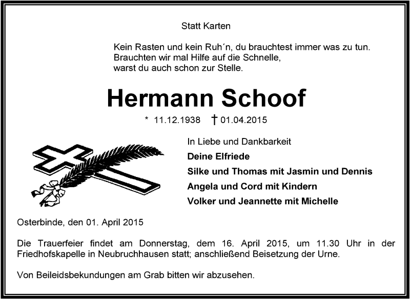  Traueranzeige für Hermann Schoof vom 08.04.2015 aus KRZ