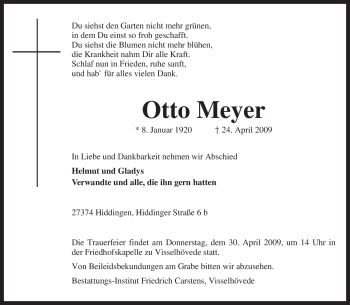 Traueranzeige von Otto Meyer von KREISZEITUNG SYKE