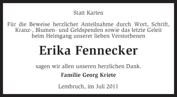 Traueranzeige von Erika Fennecker von KREISZEITUNG SYKE