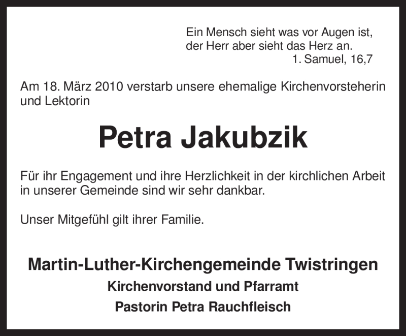  Traueranzeige für Petra Jakubzik vom 20.03.2010 aus KREISZEITUNG SYKE