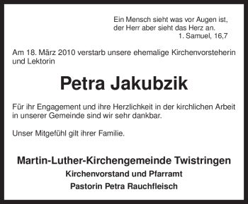 Traueranzeige von Petra Jakubzik von KREISZEITUNG SYKE