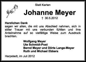 Traueranzeige von Johanne Meyer von KREISZEITUNG SYKE