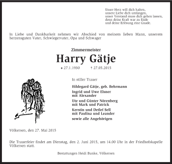 Traueranzeige von Harry Gätje von KRZ