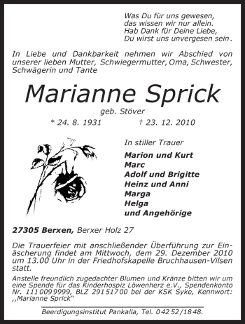 Traueranzeige von Marianne Sprick von KREISZEITUNG SYKE