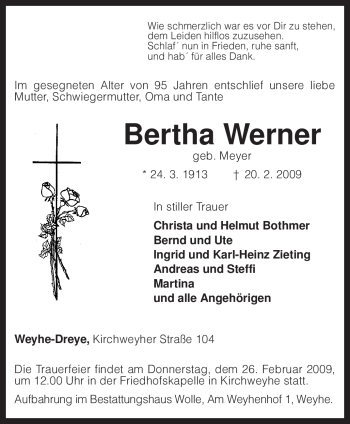 Traueranzeige von Bertha Werner von KREISZEITUNG SYKE