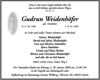 Traueranzeige von Gudrun Weidenhöfer von KREISZEITUNG SYKE