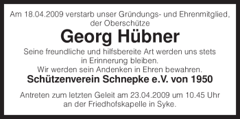 Traueranzeige von Georg Hübner von KREISZEITUNG SYKE