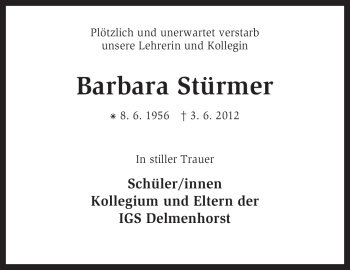 Traueranzeige von Barbara Stürmer von KREISZEITUNG SYKE