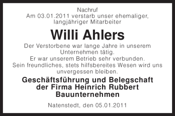 Traueranzeige von Willi Ahlers von KREISZEITUNG SYKE