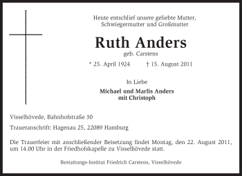 Traueranzeige von Ruth Anders von KREISZEITUNG SYKE