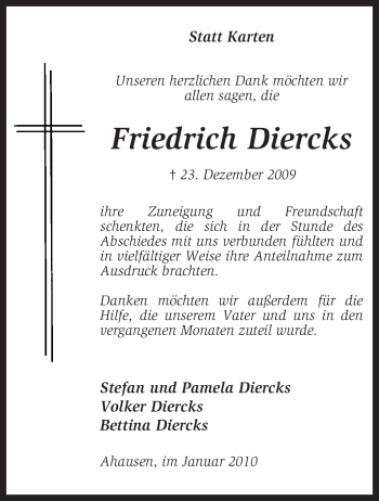 Traueranzeige von Friedrich Diercks von KREISZEITUNG SYKE