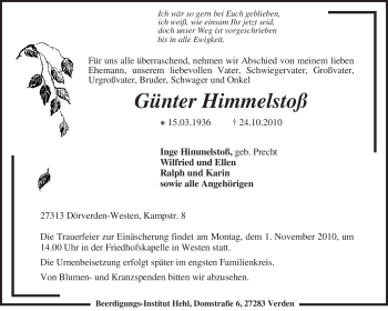 Traueranzeige von Günter Himmelstoß von KREISZEITUNG SYKE