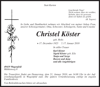 Traueranzeige von Christel Köster von KREISZEITUNG SYKE