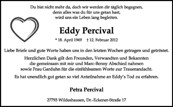 Traueranzeige von Eddy Percival von KREISZEITUNG SYKE