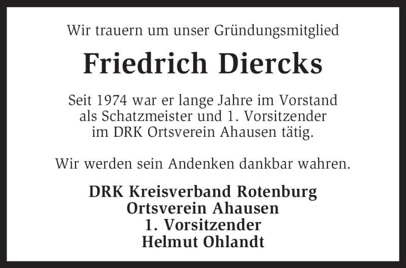  Traueranzeige für Friedrich Diercks vom 29.12.2009 aus KREISZEITUNG SYKE