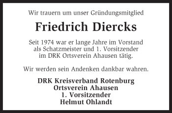 Traueranzeige von Friedrich Diercks von KREISZEITUNG SYKE