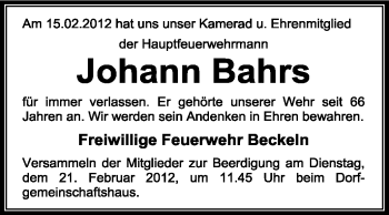 Traueranzeige von Johann Bahrs von KREISZEITUNG SYKE