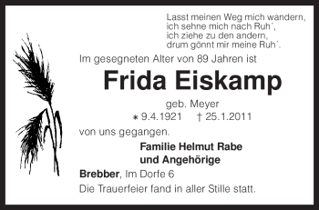 Traueranzeige von Frida Eiskamp von KREISZEITUNG SYKE