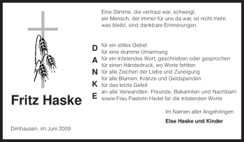 Traueranzeige von Fritz Haske von KREISZEITUNG SYKE