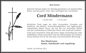 Traueranzeige von Cord Mindermann von KREISZEITUNG SYKE