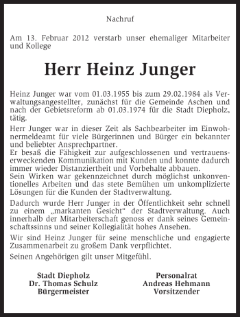 Traueranzeige von Heinz Junger von KREISZEITUNG SYKE