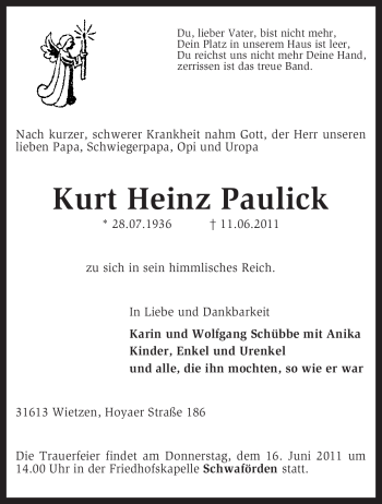 Traueranzeige von Kurt Heinz Paulick von KREISZEITUNG SYKE