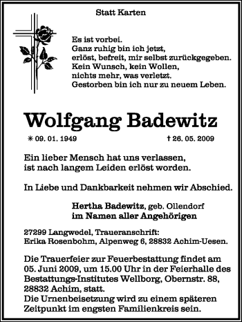 Traueranzeige von Wolfgang Badewitz von KREISZEITUNG SYKE