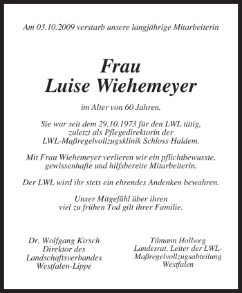 Traueranzeige von Luise Wiehemeyer von KREISZEITUNG SYKE