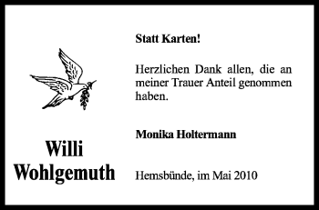 Traueranzeige von Willi Wohlgemuth von KREISZEITUNG SYKE