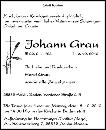 Traueranzeige von Johann Grau von KREISZEITUNG SYKE