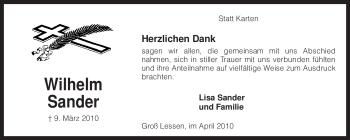 Traueranzeige von Wilhelm Sander von KREISZEITUNG SYKE