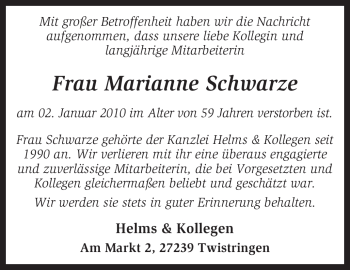 Traueranzeige von Marianne Schwarze von KREISZEITUNG SYKE