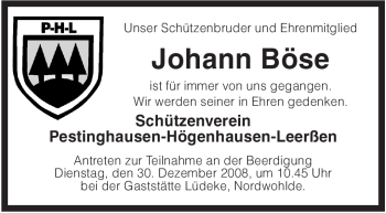 Traueranzeige von Johann Böse von KREISZEITUNG SYKE