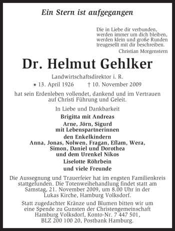 Traueranzeige von Helmut Gehlker von KREISZEITUNG SYKE