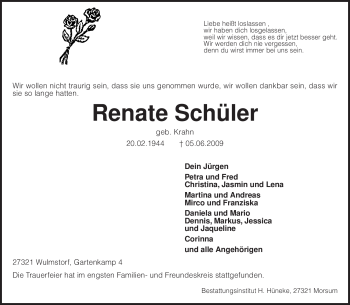 Traueranzeige von Renate Schüler von KREISZEITUNG SYKE