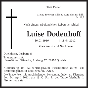 Traueranzeige von Luise Dodenhoff von KREISZEITUNG SYKE