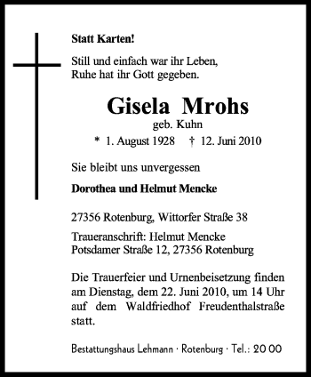 Traueranzeige von Gisela Mrohs von KREISZEITUNG SYKE