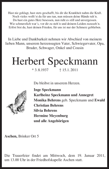 Traueranzeige von Herbert Speckmann von KREISZEITUNG SYKE