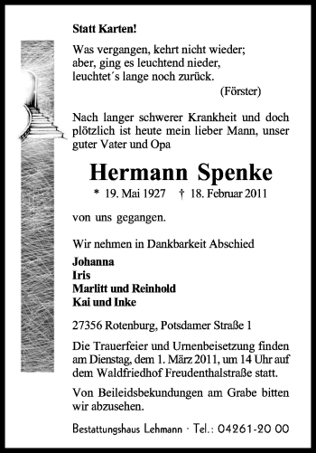 Traueranzeige von Hermann Spenke von KREISZEITUNG SYKE