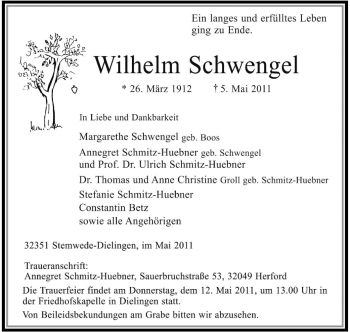 Traueranzeige von Wilhelm Schwengel von KREISZEITUNG SYKE