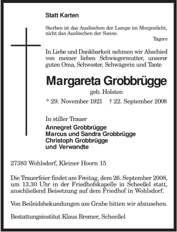 Traueranzeige von Margareta Grobbrügge von KREISZEITUNG SYKE