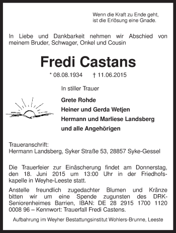 Traueranzeige von Fredi Castans von KRZ